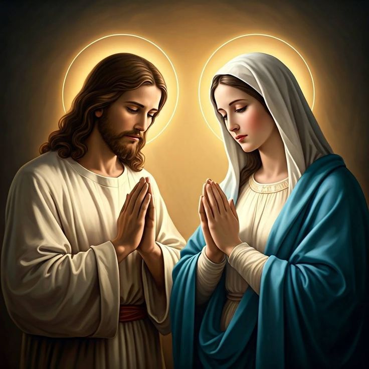 Jesucristo y la Virgen María con las manos al frente rezando.