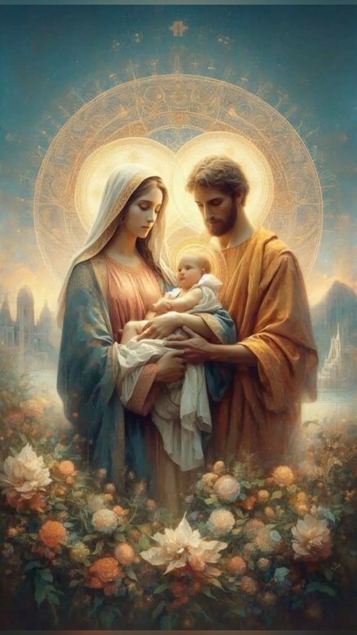 La Sagrada Familia, la Virgen María, San José y el Divino niño abrazados.