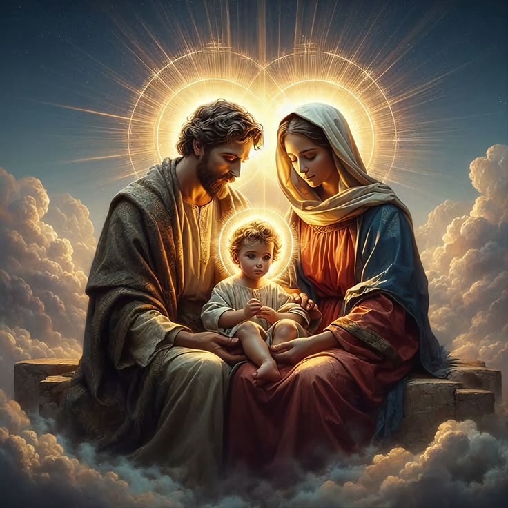 San Jose y la Virgen María sosteniendo al Divino niño.