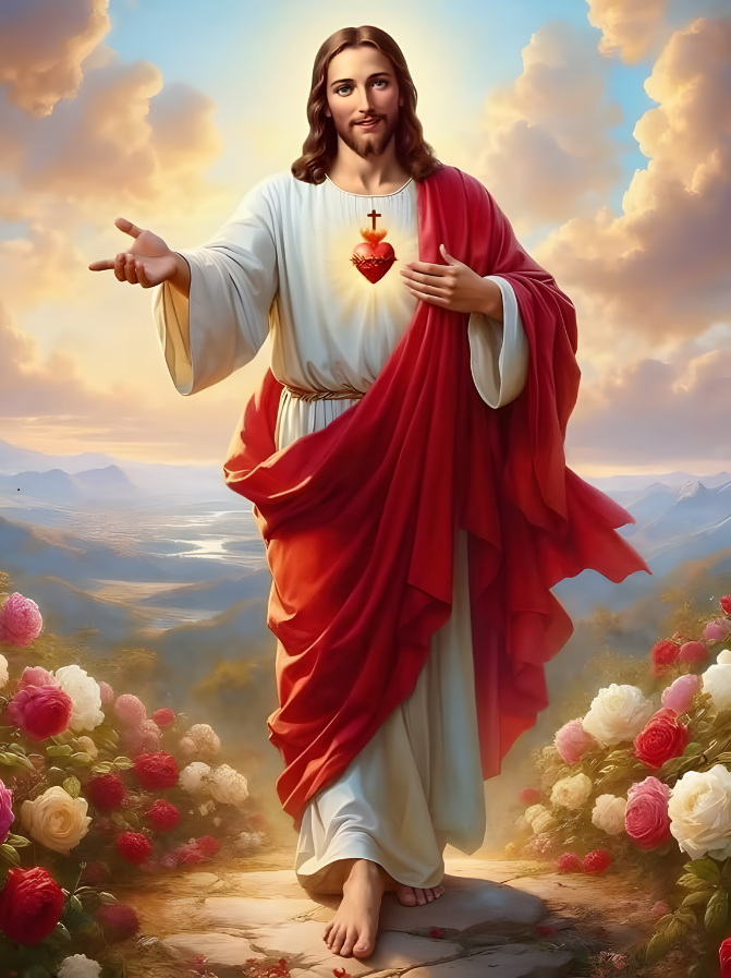 El sagrado corazón de jesús extendiendo su mano derecha y sonriendo.
