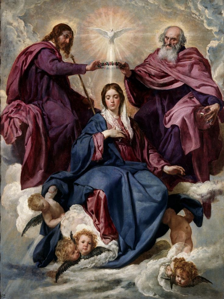 La Virgen María rodeada de santos que la coronan.
