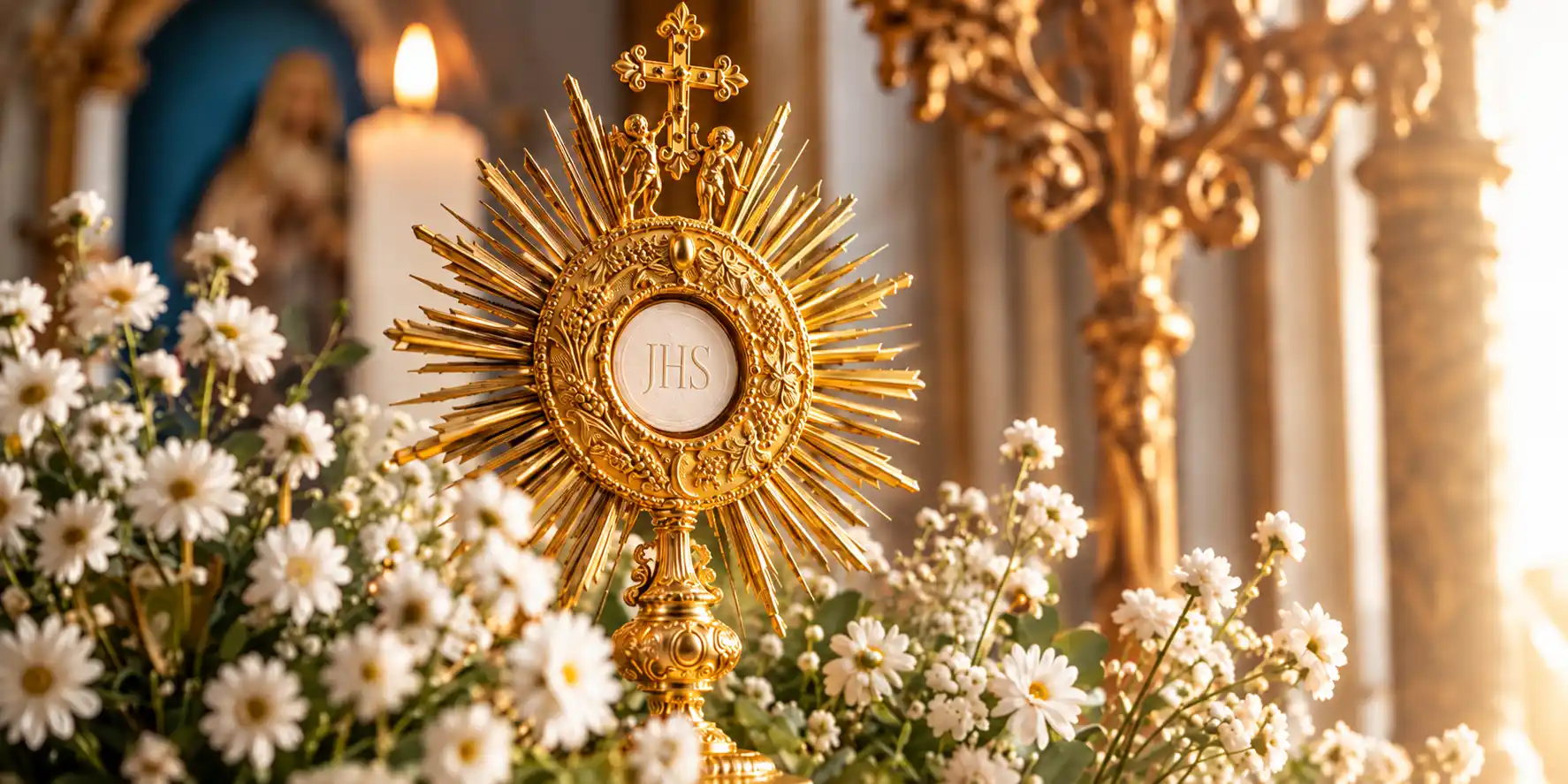 Custodia dorada con la Sagrada Hostia rodeada de flores blancas